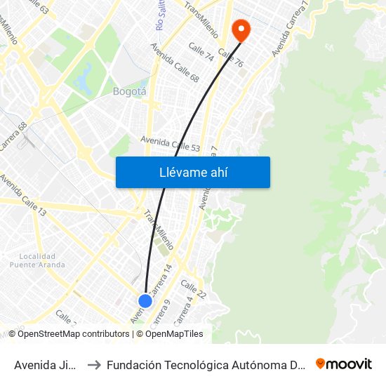 Avenida Jiménez to Fundación Tecnológica Autónoma De Bogotá Faba map