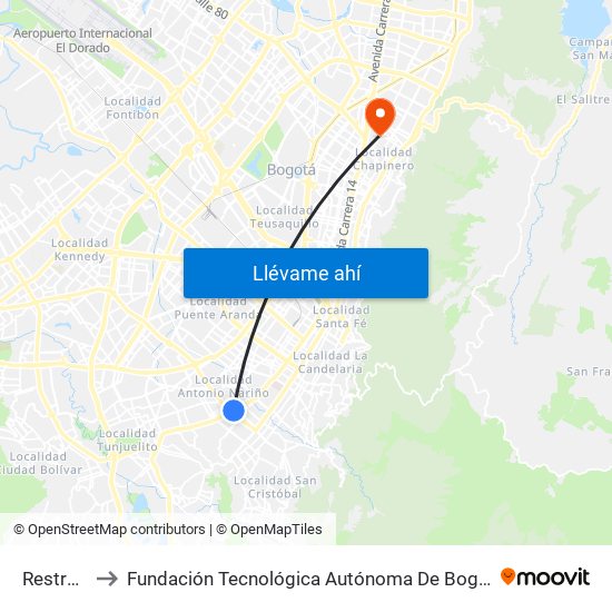 Restrepo to Fundación Tecnológica Autónoma De Bogotá Faba map