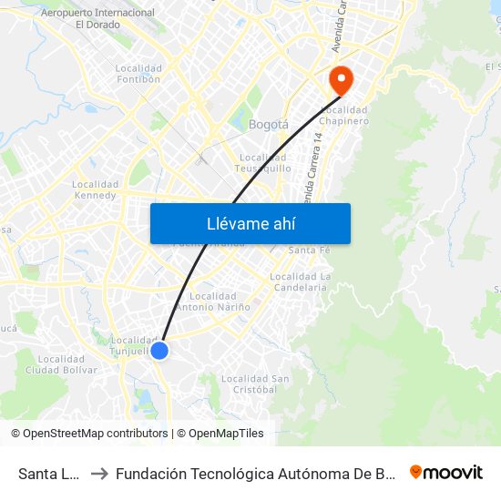 Santa Lucía to Fundación Tecnológica Autónoma De Bogotá Faba map