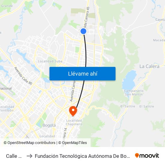 Calle 187 to Fundación Tecnológica Autónoma De Bogotá Faba map