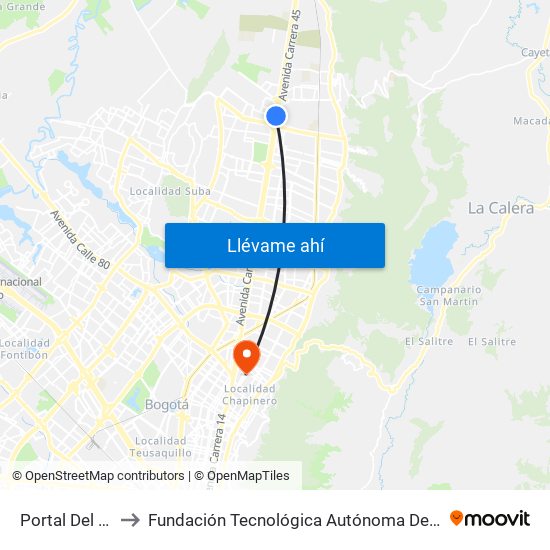 Portal Del Norte to Fundación Tecnológica Autónoma De Bogotá Faba map