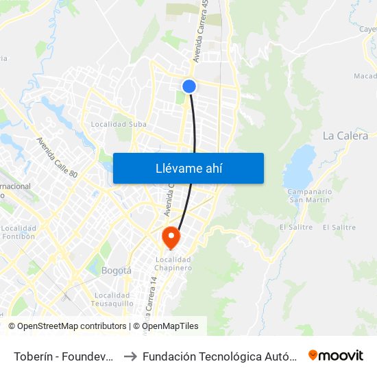 Toberín - Foundever (Lado Norte) to Fundación Tecnológica Autónoma De Bogotá Faba map