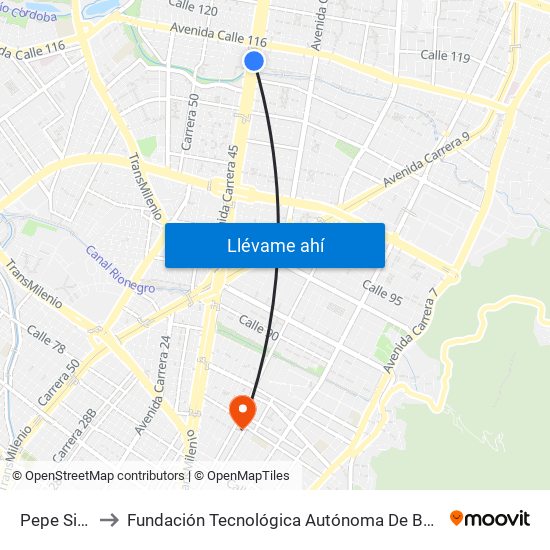 Pepe Sierra to Fundación Tecnológica Autónoma De Bogotá Faba map