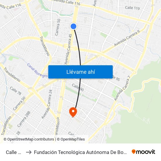 Calle 106 to Fundación Tecnológica Autónoma De Bogotá Faba map