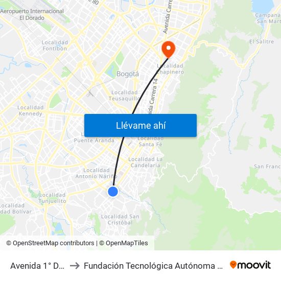 Avenida 1° De Mayo to Fundación Tecnológica Autónoma De Bogotá Faba map