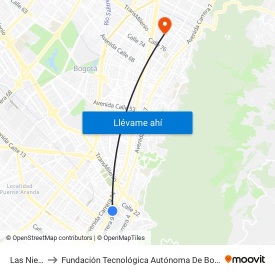 Las Nieves to Fundación Tecnológica Autónoma De Bogotá Faba map