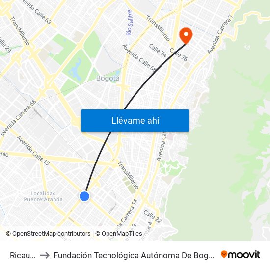 Ricaurte to Fundación Tecnológica Autónoma De Bogotá Faba map