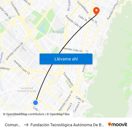 Comuneros to Fundación Tecnológica Autónoma De Bogotá Faba map