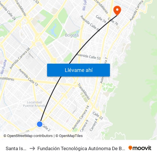 Santa Isabel to Fundación Tecnológica Autónoma De Bogotá Faba map