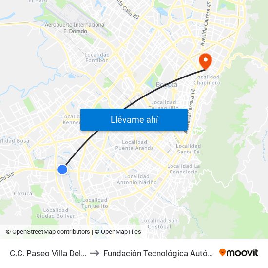 C.C. Paseo Villa Del Río - Madelena to Fundación Tecnológica Autónoma De Bogotá Faba map