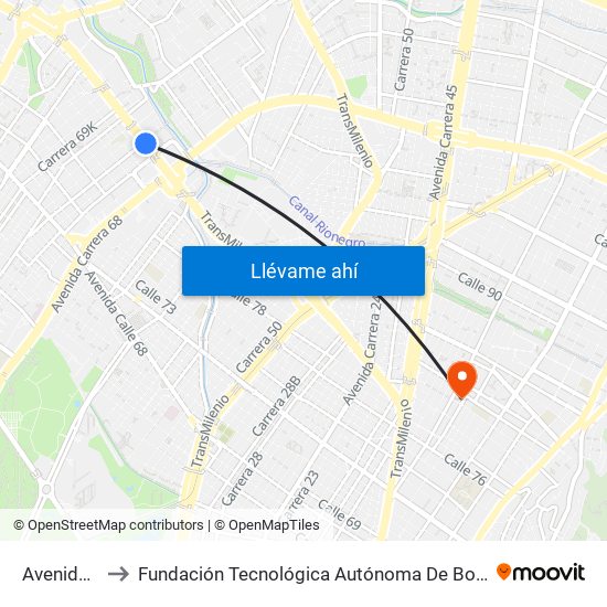 Avenida 68 to Fundación Tecnológica Autónoma De Bogotá Faba map