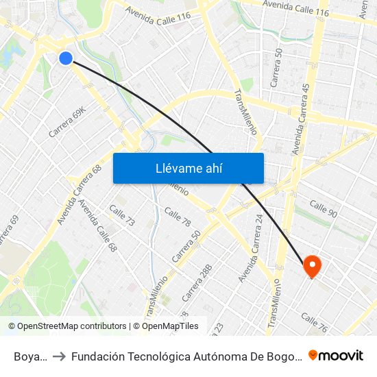 Boyacá to Fundación Tecnológica Autónoma De Bogotá Faba map