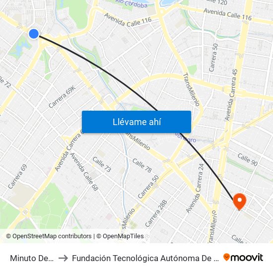 Minuto De Dios to Fundación Tecnológica Autónoma De Bogotá Faba map