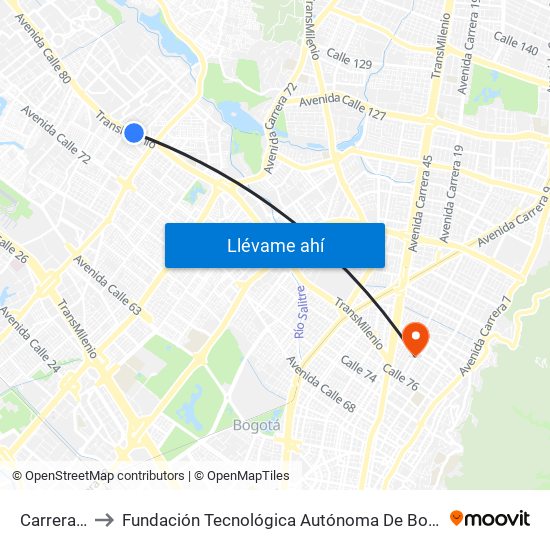 Carrera 90 to Fundación Tecnológica Autónoma De Bogotá Faba map