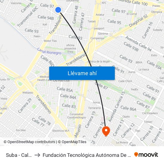Suba - Calle 95 to Fundación Tecnológica Autónoma De Bogotá Faba map