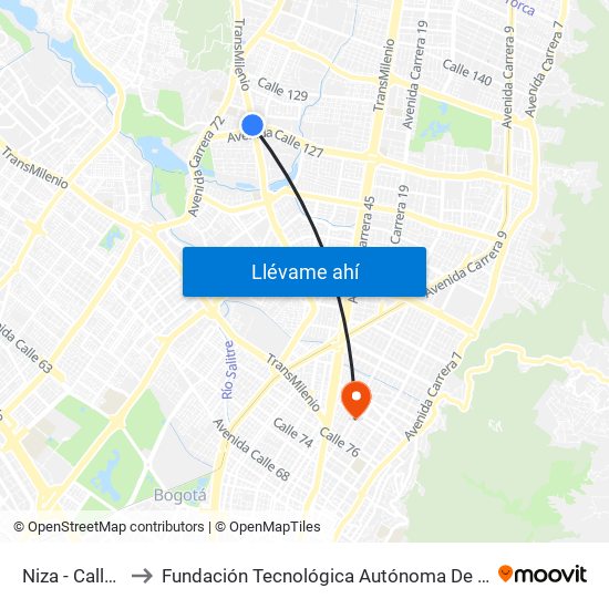 Niza - Calle 127 to Fundación Tecnológica Autónoma De Bogotá Faba map