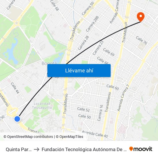 Quinta Paredes to Fundación Tecnológica Autónoma De Bogotá Faba map