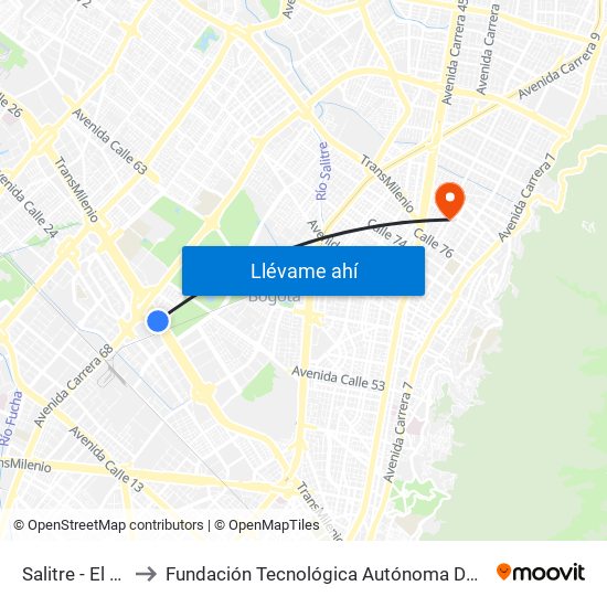 Salitre - El Greco to Fundación Tecnológica Autónoma De Bogotá Faba map