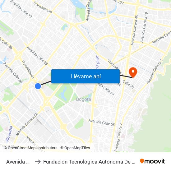 Avenida Rojas to Fundación Tecnológica Autónoma De Bogotá Faba map