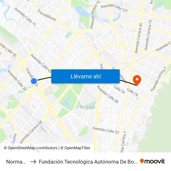 Normandía to Fundación Tecnológica Autónoma De Bogotá Faba map