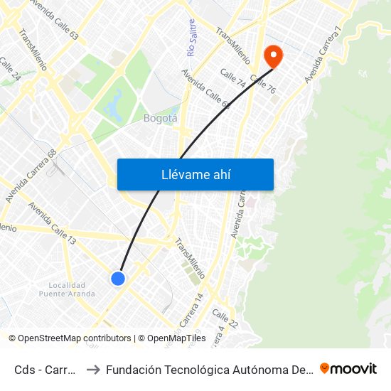 Cds - Carrera 32 to Fundación Tecnológica Autónoma De Bogotá Faba map
