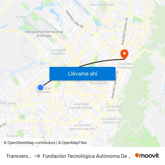 Transversal 86 to Fundación Tecnológica Autónoma De Bogotá Faba map