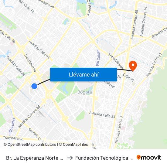 Br. La Esperanza Norte (Av. La Esperanza - Kr 69d) to Fundación Tecnológica Autónoma De Bogotá Faba map