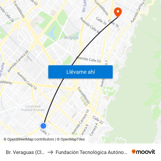 Br. Veraguas (Cl 3 - Kr 29a) to Fundación Tecnológica Autónoma De Bogotá Faba map