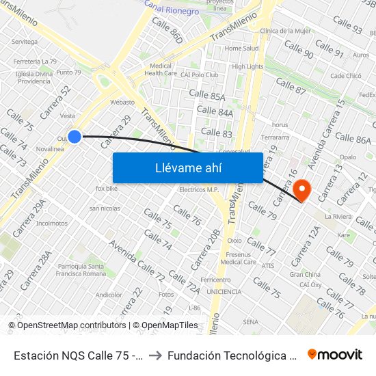 Estación NQS Calle 75 - Zona M (Av. NQS - Cl 75) to Fundación Tecnológica Autónoma De Bogotá Faba map