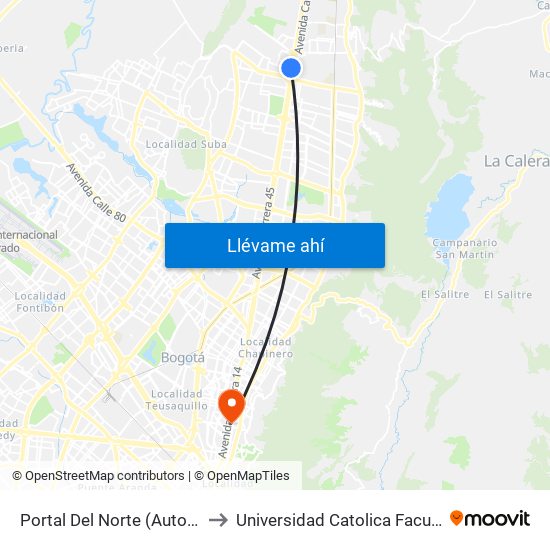 Portal Del Norte (Auto Norte - Cl 174a) to Universidad Catolica Facultad De Psicologia map