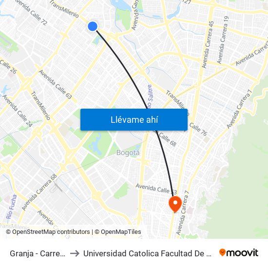 Granja - Carrera 77 to Universidad Catolica Facultad De Psicologia map