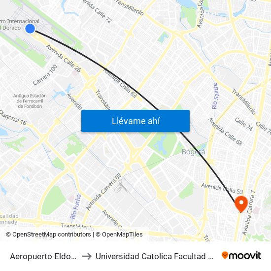 Aeropuerto Eldorado (B) to Universidad Catolica Facultad De Psicologia map