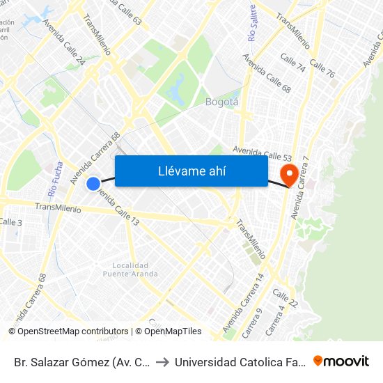 Br. Salazar Gómez (Av. Centenario - Kr 65) (A) to Universidad Catolica Facultad De Psicologia map