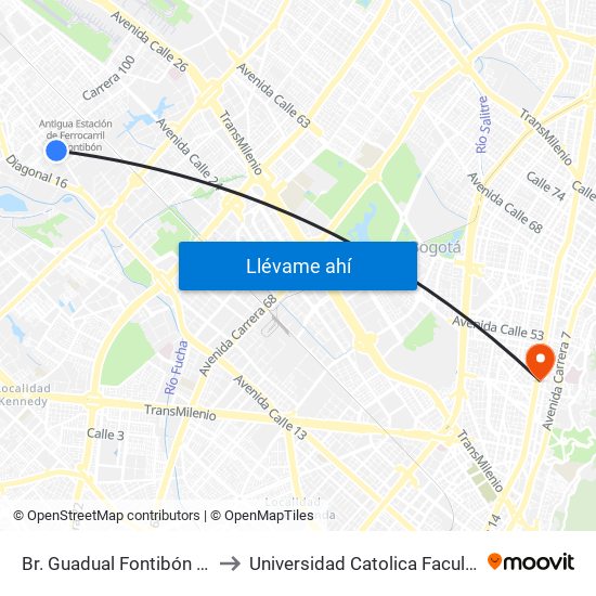 Br. Guadual Fontibón (Cl 17 - Kr 96h) to Universidad Catolica Facultad De Psicologia map