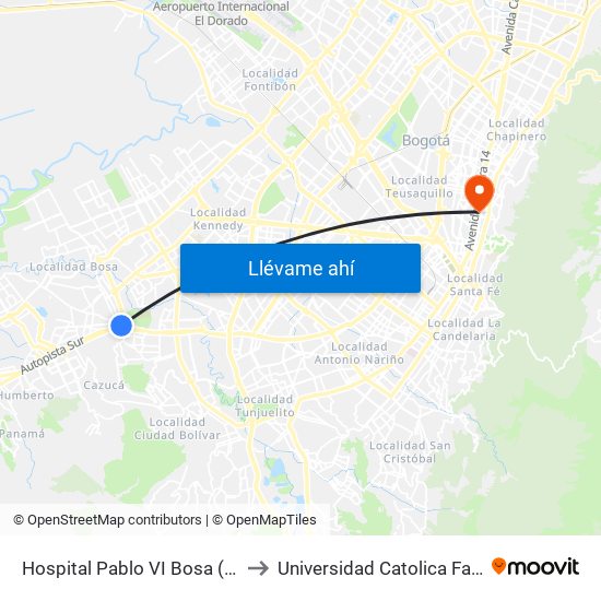 Hospital Pablo VI Bosa (Cl 63 Sur - Kr 77g) (A) to Universidad Catolica Facultad De Psicologia map