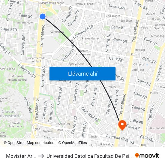 Movistar Arena to Universidad Catolica Facultad De Psicologia map