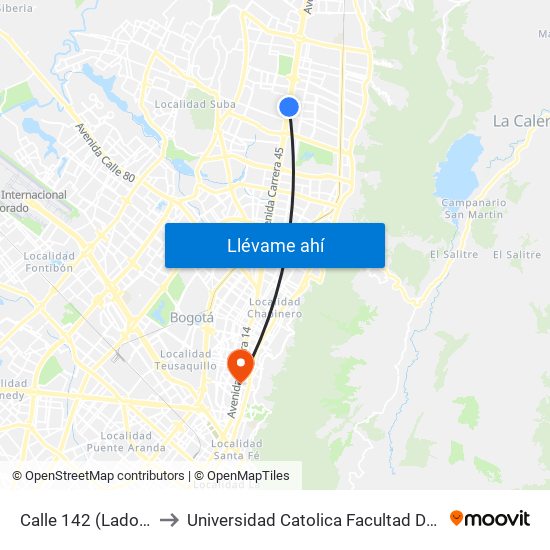 Calle 142 (Lado Norte) to Universidad Catolica Facultad De Psicologia map