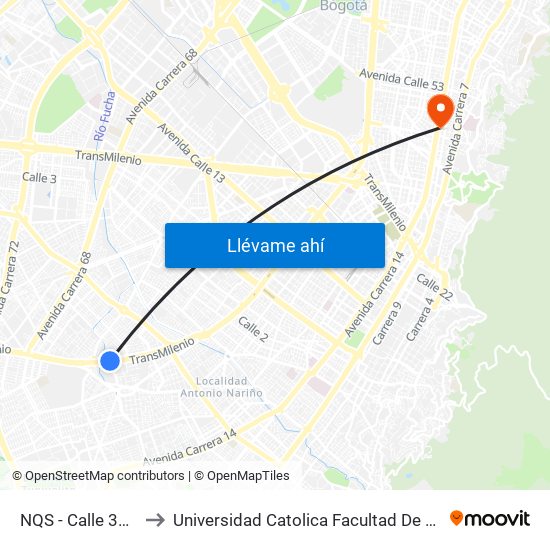 NQS - Calle 38a Sur to Universidad Catolica Facultad De Psicologia map