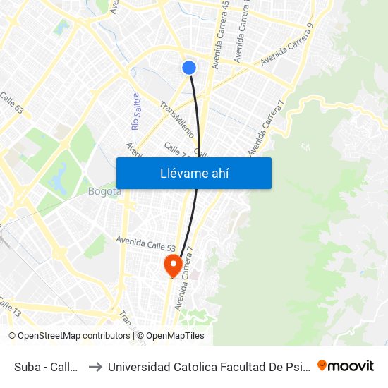 Suba - Calle 95 to Universidad Catolica Facultad De Psicologia map
