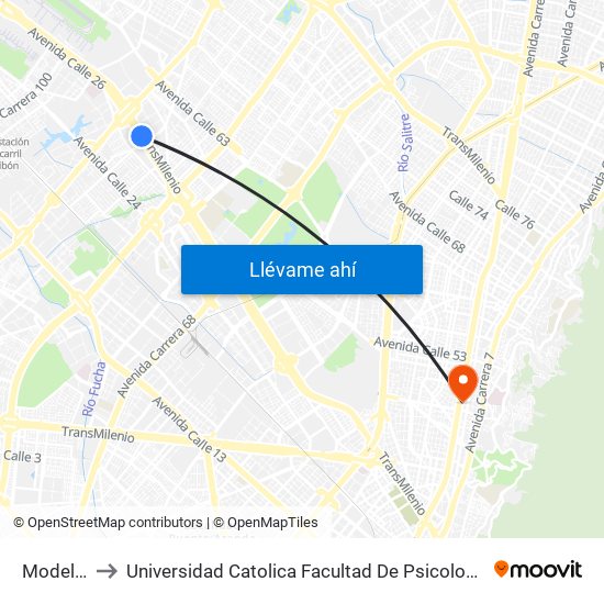 Modelia to Universidad Catolica Facultad De Psicologia map