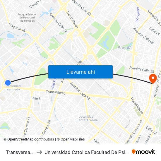 Transversal 86 to Universidad Catolica Facultad De Psicologia map