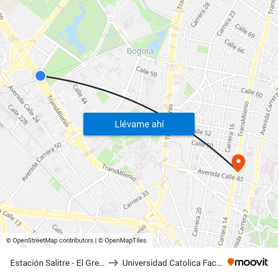 Estación Salitre - El Greco (Ac 26 - Ak 68) to Universidad Catolica Facultad De Psicologia map