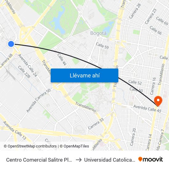 Centro Comercial Salitre Plaza (Av. La Esperanza - Kr 68a) to Universidad Catolica Facultad De Psicologia map