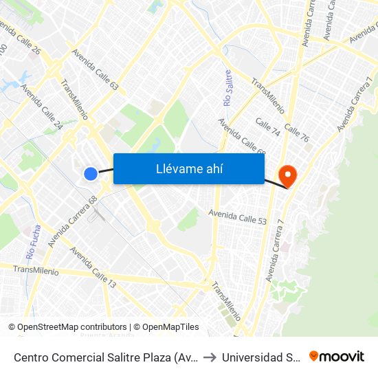 Centro Comercial Salitre Plaza (Av. La Esperanza - Kr 68b) to Universidad Santo Tomas map