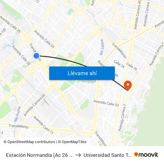 Estación Normandía (Ac 26 - Kr 74) to Universidad Santo Tomas map