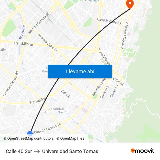 Calle 40 Sur to Universidad Santo Tomas map