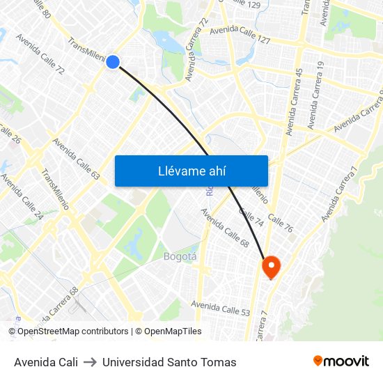 Avenida Cali to Universidad Santo Tomas map