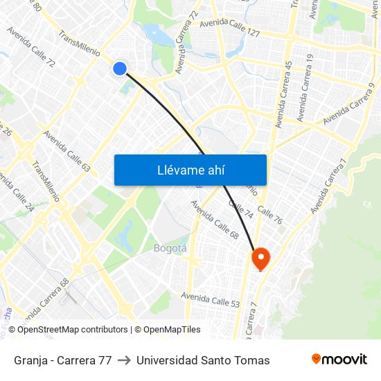 Granja - Carrera 77 to Universidad Santo Tomas map