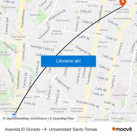 Avenida El Dorado to Universidad Santo Tomas map