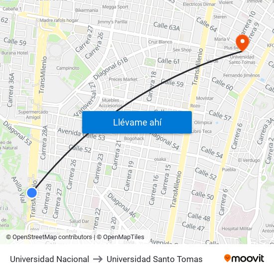 Universidad Nacional to Universidad Santo Tomas map